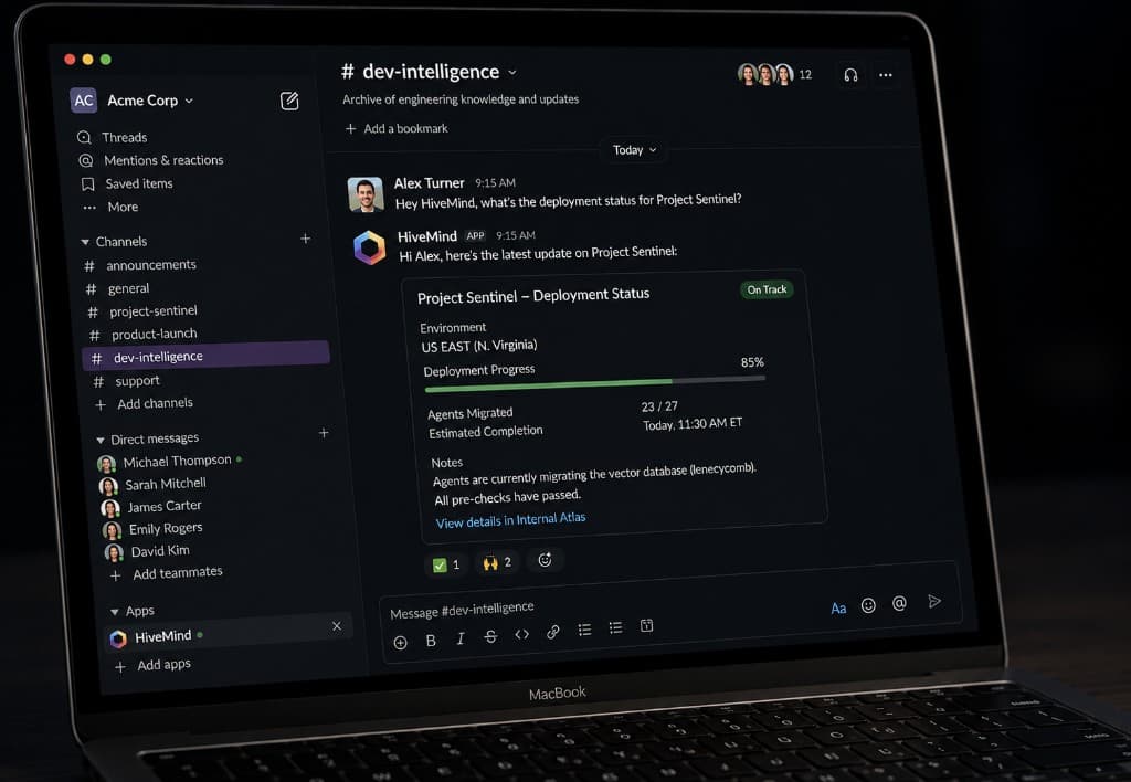 Company Brain answering a deployment question inside Slack, shown on a laptop.